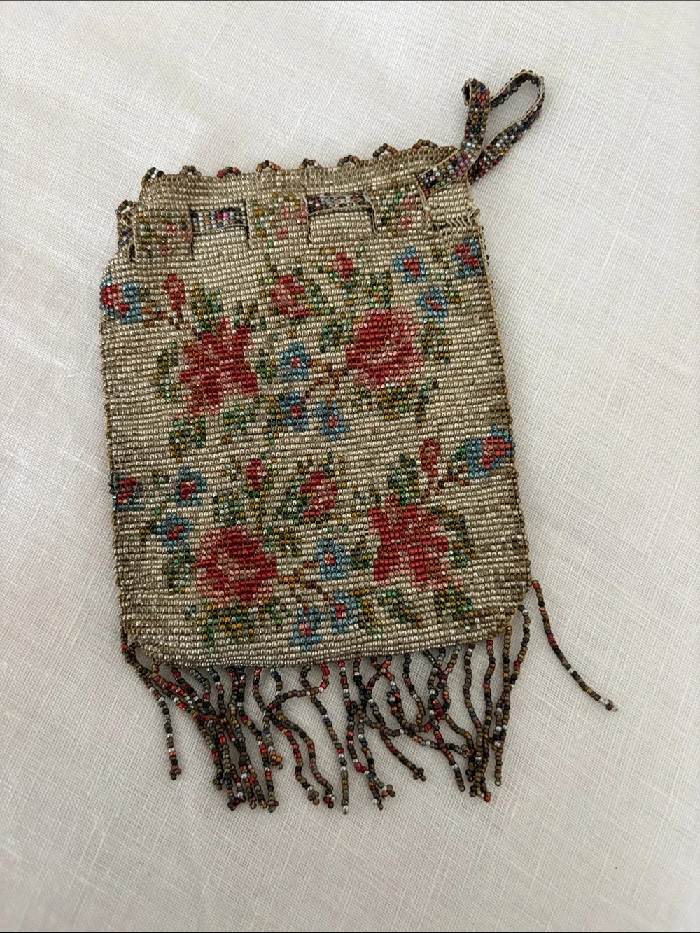 Vintage STUNNING Beaded Floral Wristlet - Red Floral on Cream